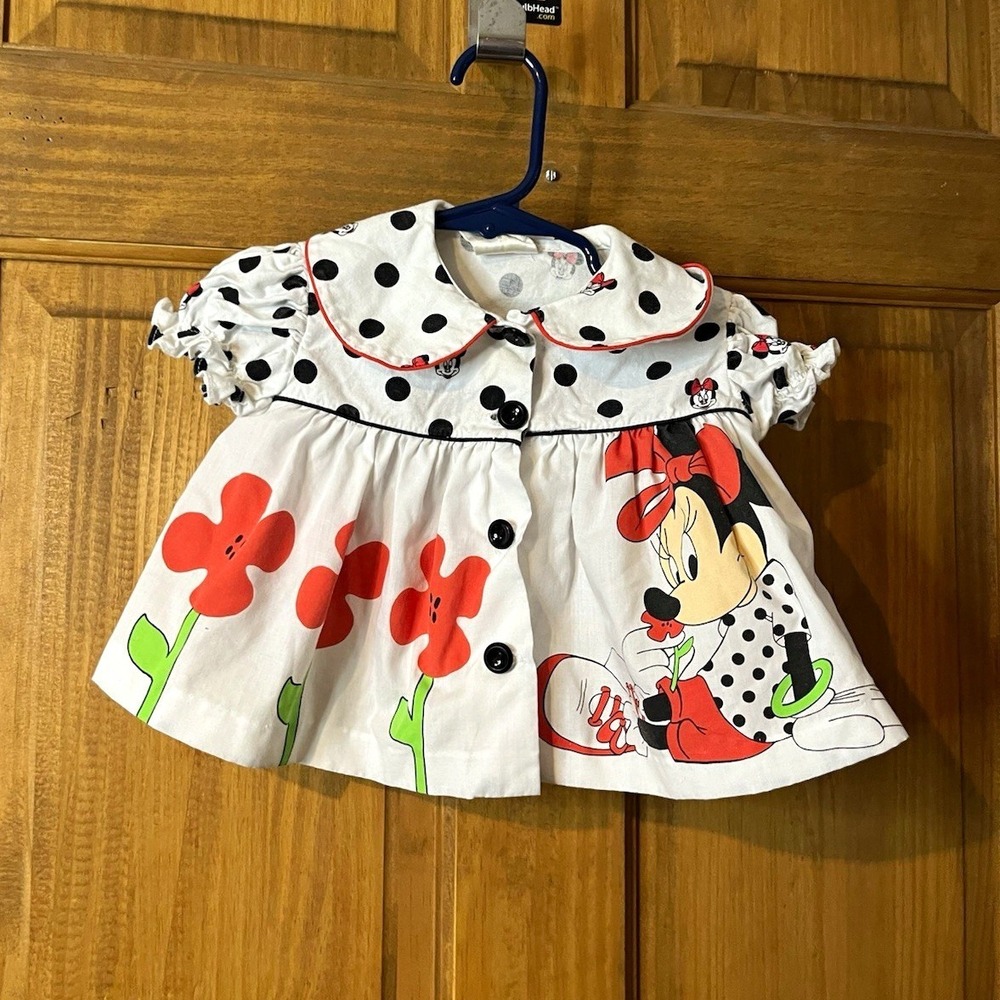 Vintage 90s Disney Character Wear Baby Girls Minnie Mouse Polka Dot Dress 12M